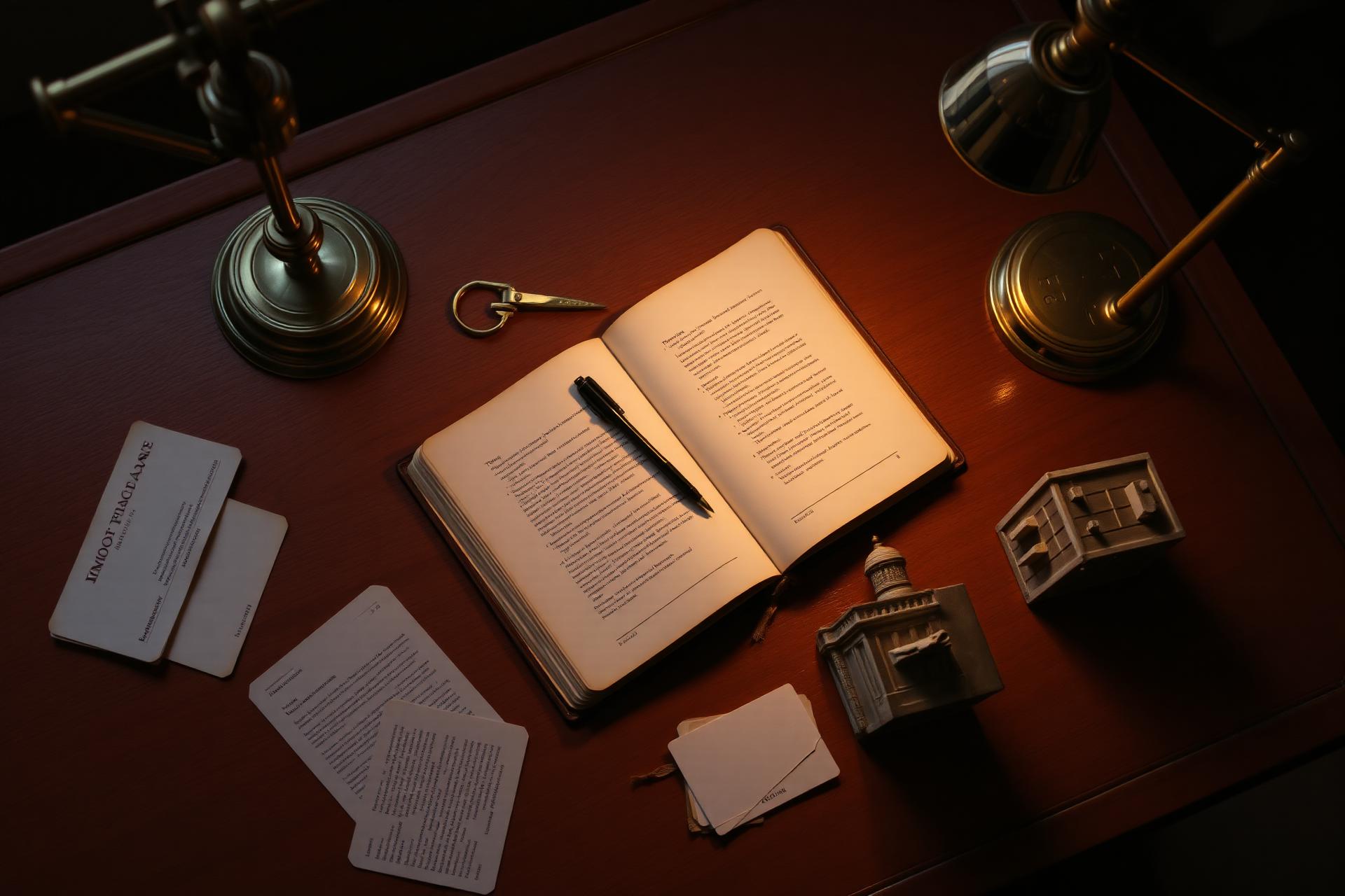 A warmly lit wooden study desk from above with an open notebook, brass lamp, index cards and a miniature classical building, a visual metaphor for the memory palace technique used to memorize information faster.