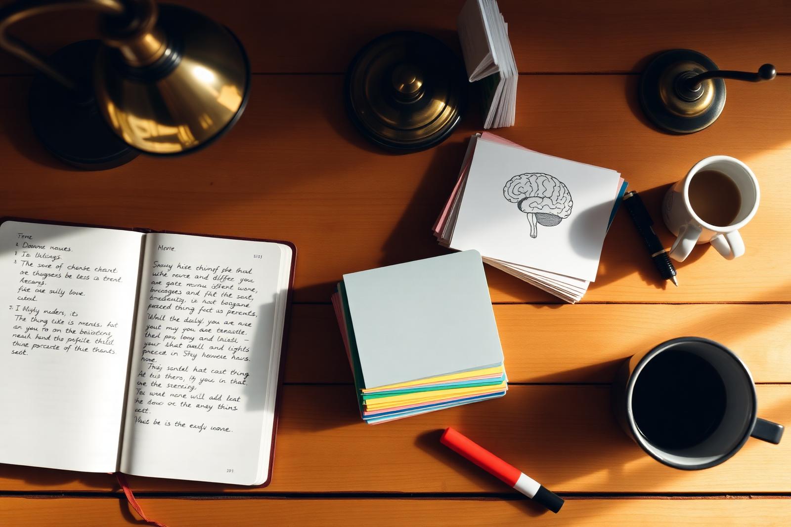 Overhead view of a warmly lit wooden study desk with an open notebook, colorful index cards, a brass lamp and a coffee cup, illustrating science backed techniques to memorize faster.