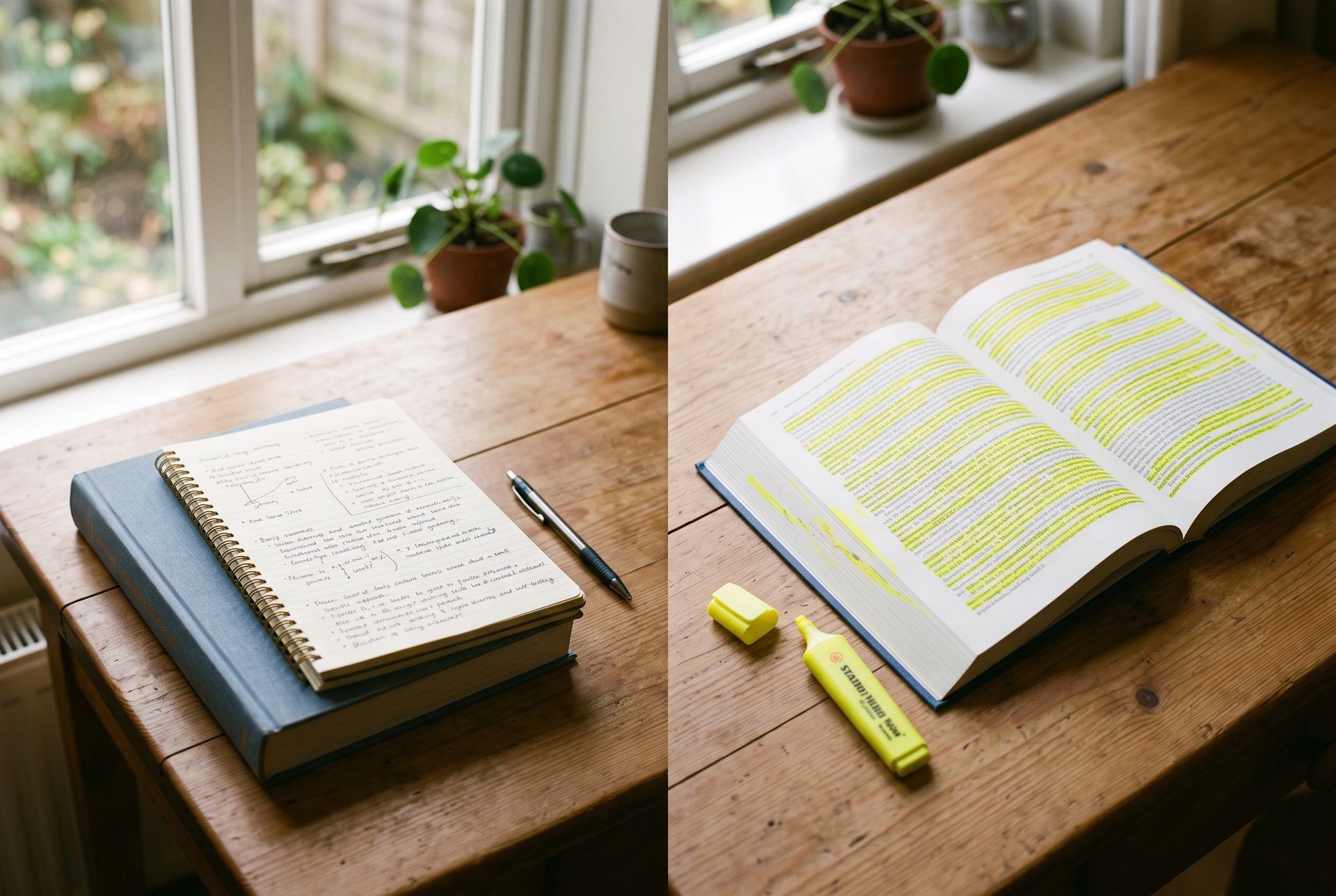 A study desk showing two stacks of paper, one marked with a green tick for practice testing and spaced practice and one marked with a red cross for rereading and highlighting, illustrating study methods ranked by research evidence