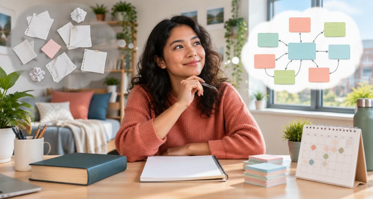 Student practicing active recall at a desk with closed notes, flashcards, a spaced review calendar, and a visual map of connected ideas